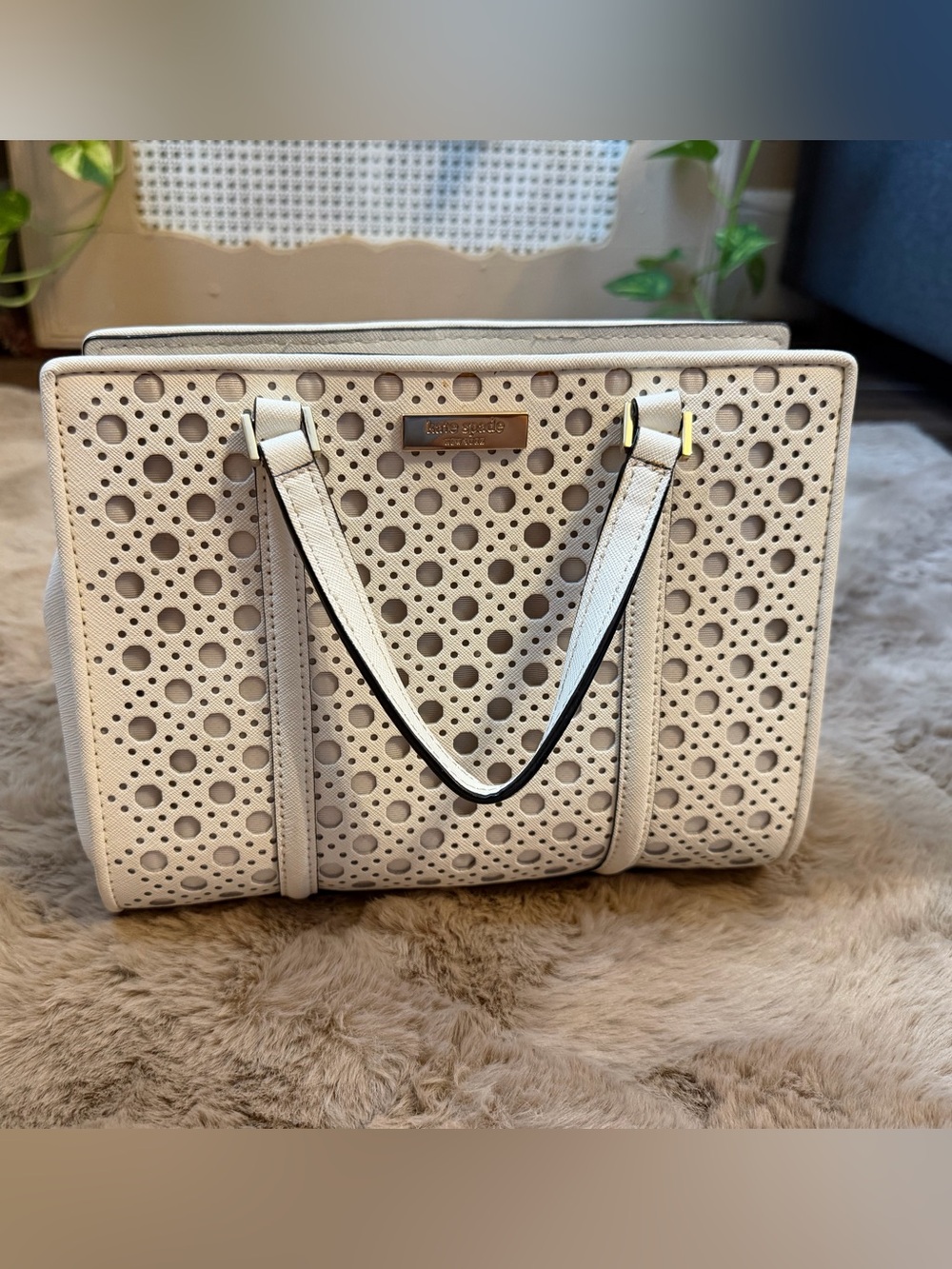 kate spade White Perforated Leather Tote with Top Handles